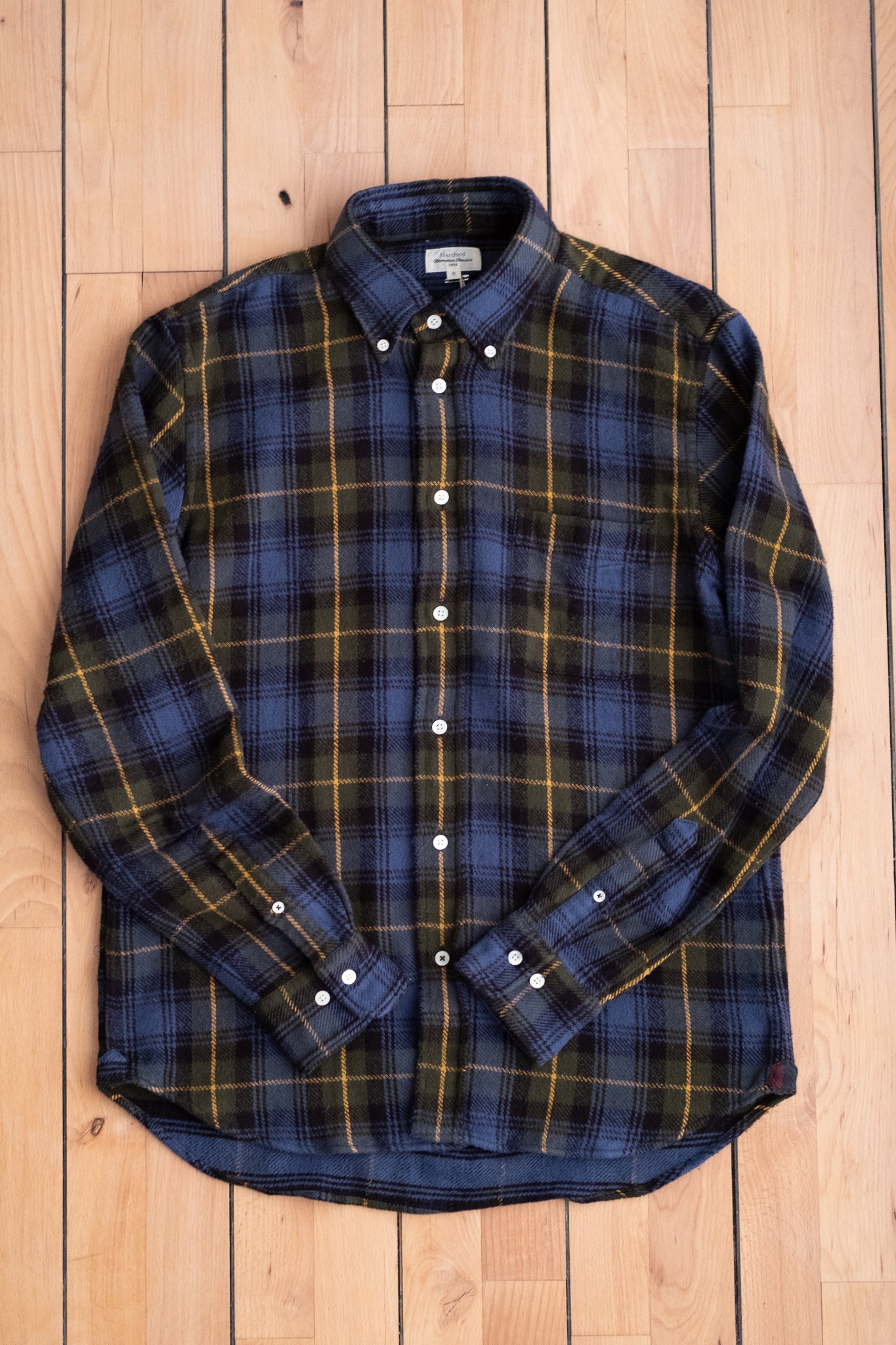 Button Down Flannel Shirt - Blue & Gold Plaid