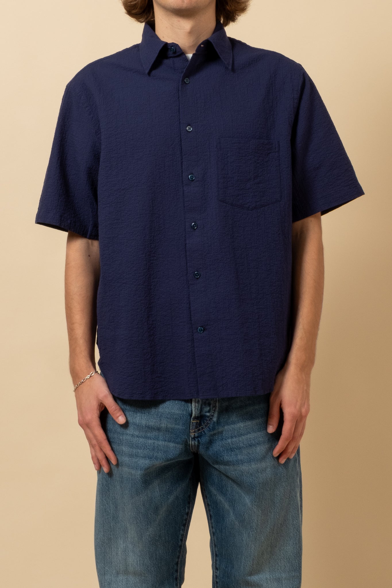 C.O.F. Studio Short Sleeve Seersucker Shirt - Dark Blue