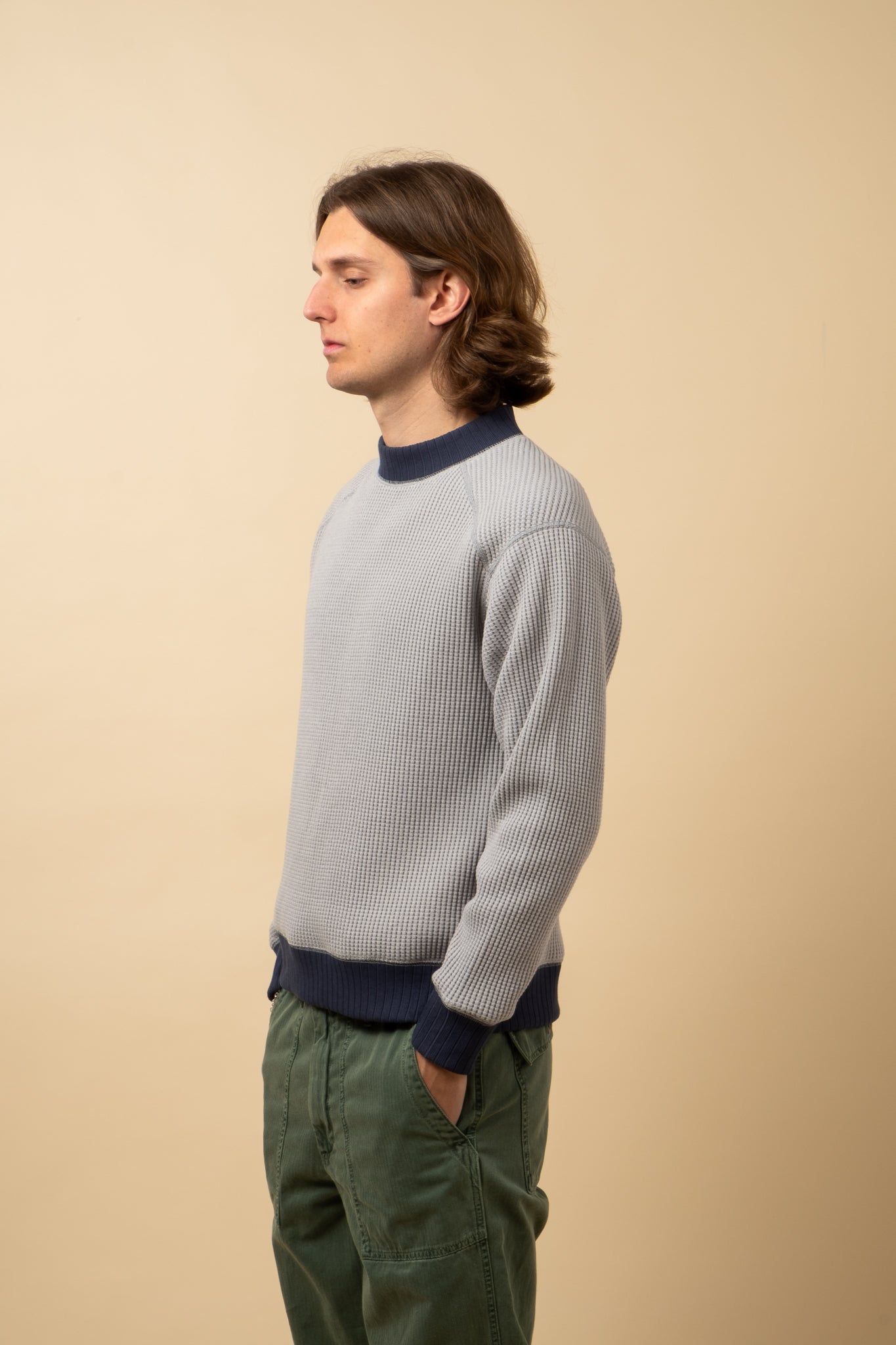Waffle Midneck Sweater - Grey x Navy