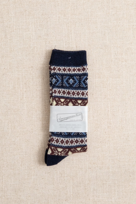 Wool Jaquard Crew - Navy