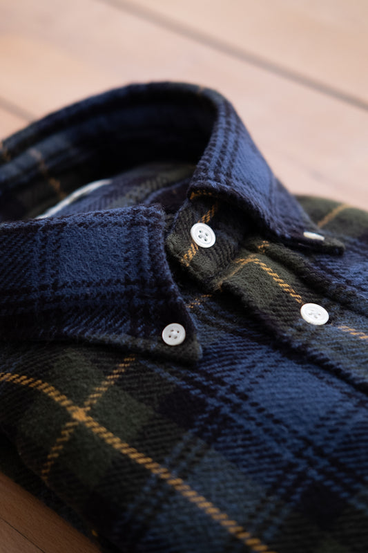 Button Down Flannel Shirt - Blue & Gold Plaid