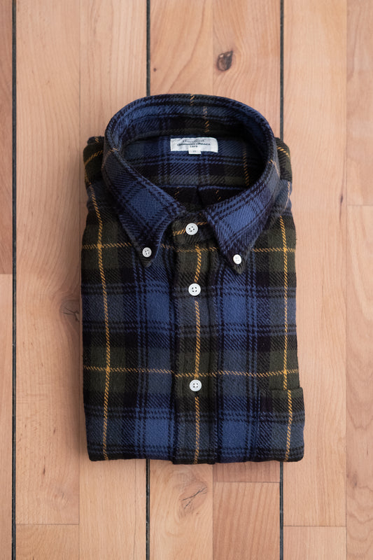 Button Down Flannel Shirt - Blue & Gold Plaid